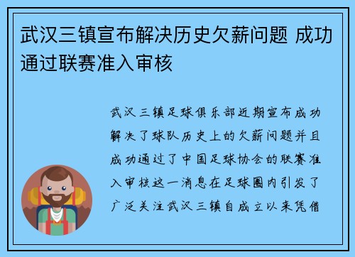武汉三镇宣布解决历史欠薪问题 成功通过联赛准入审核